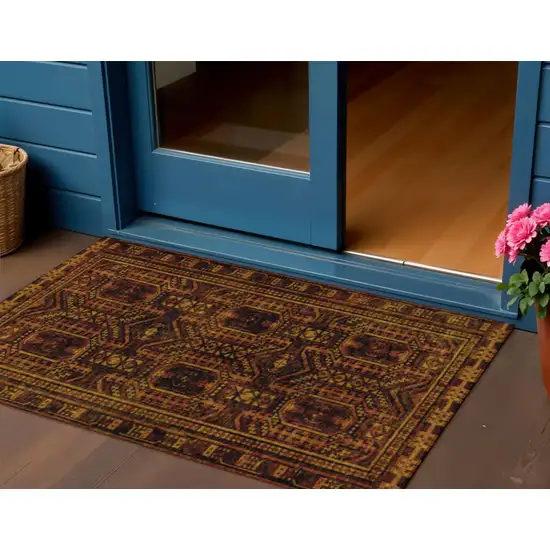 Rust And Gold Geometric Washable Indoor Outdoor Area Rug Photo 2