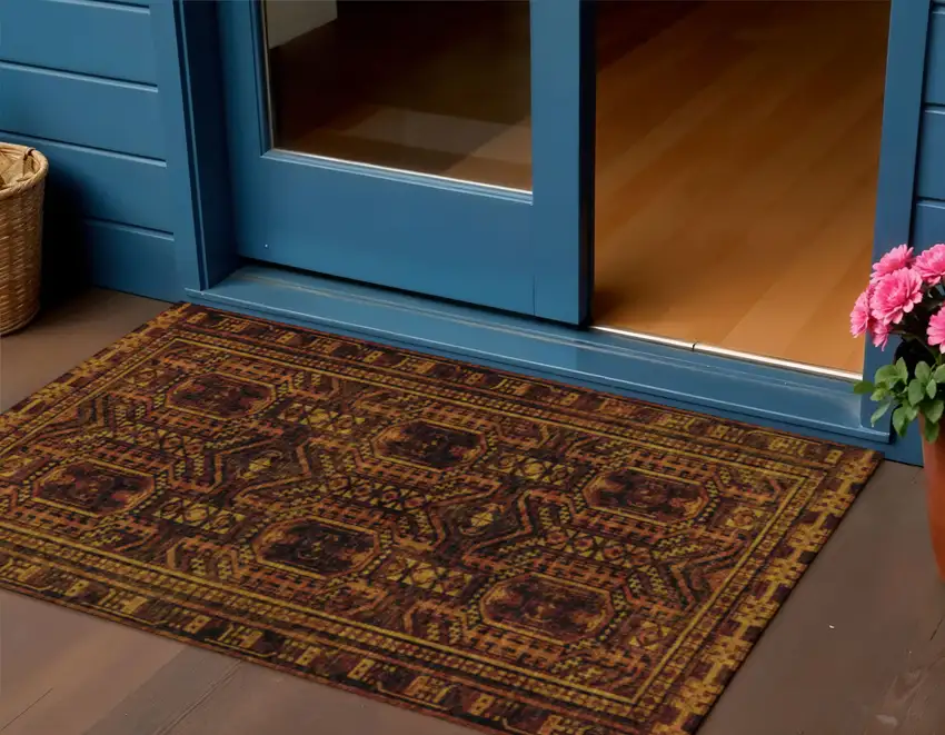 Rust And Gold Geometric Washable Indoor Outdoor Area Rug Photo 2