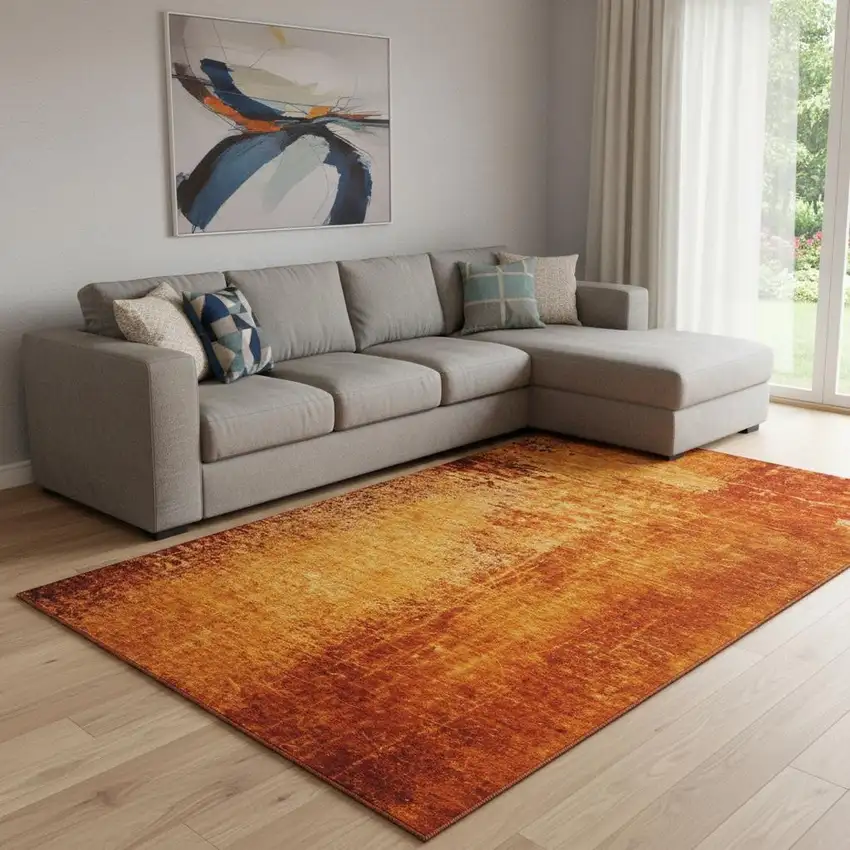 Rust And Gray Abstract Washable Area Rug With UV Protection Photo 1