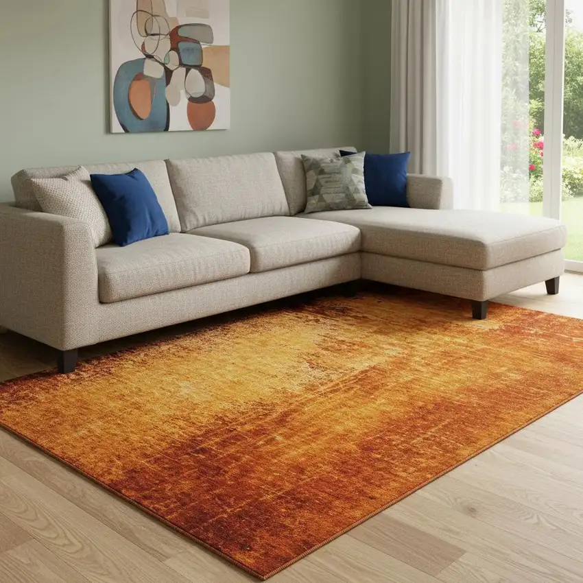 Rust And Gray Abstract Washable Area Rug With UV Protection Photo 1