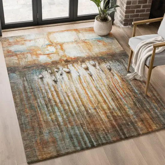 Rust And Gray Abstract Washable Area Rug With UV Protection Photo 3