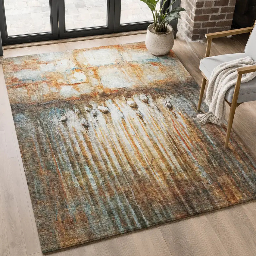 Rust And Gray Abstract Washable Area Rug With UV Protection Photo 4