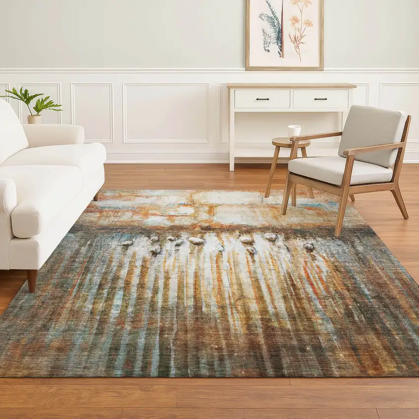 Rust And Gray Abstract Washable Area Rug With UV Protection Photo 5