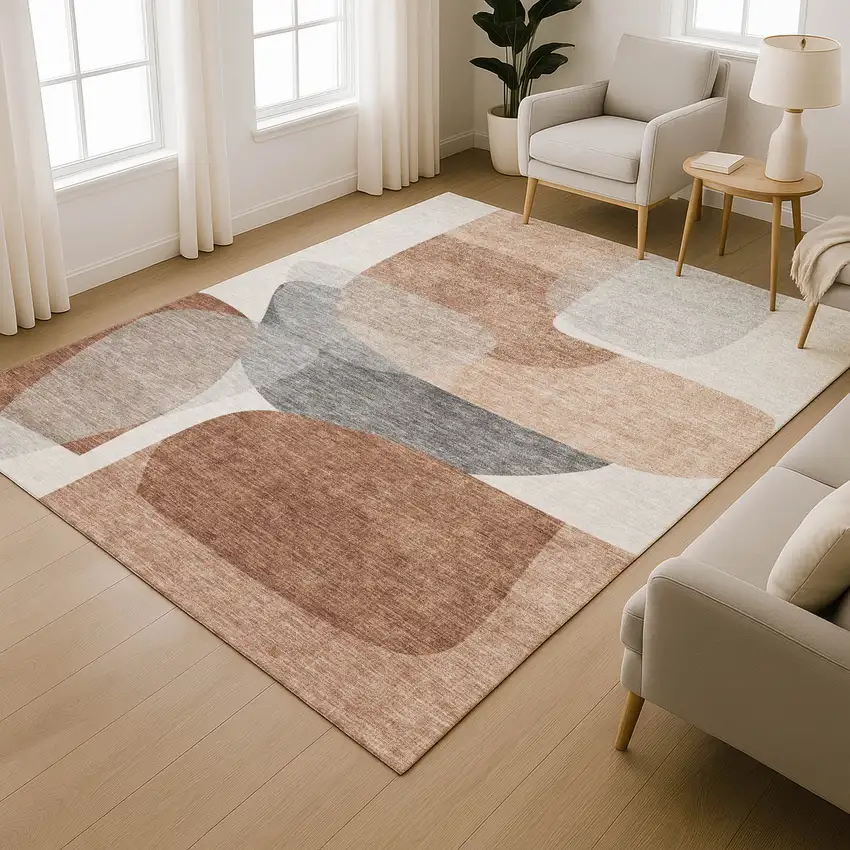 Rust And Gray Abstract Washable Area Rug With UV Protection Photo 4
