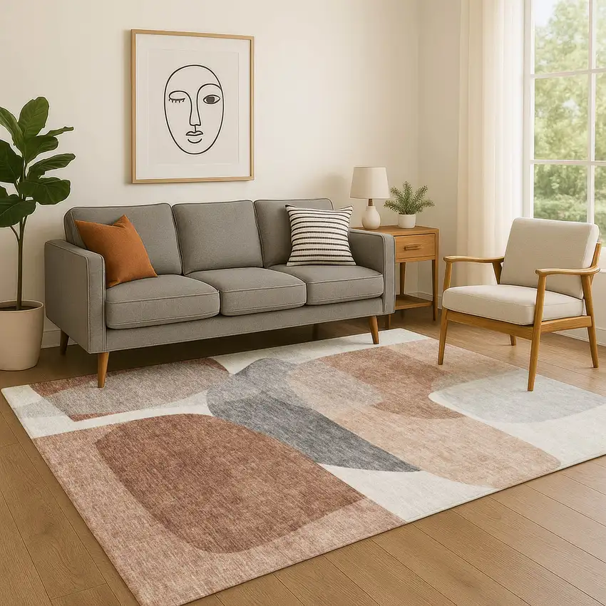 Rust And Gray Abstract Washable Area Rug With UV Protection Photo 4