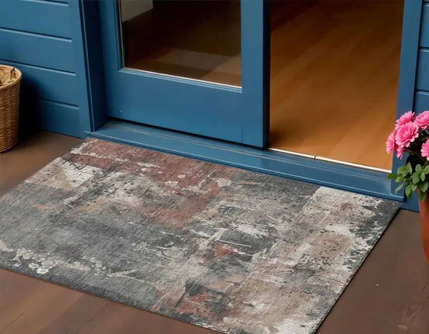 Rust And Gray Abstract Washable Indoor Outdoor Area Rug Photo 2