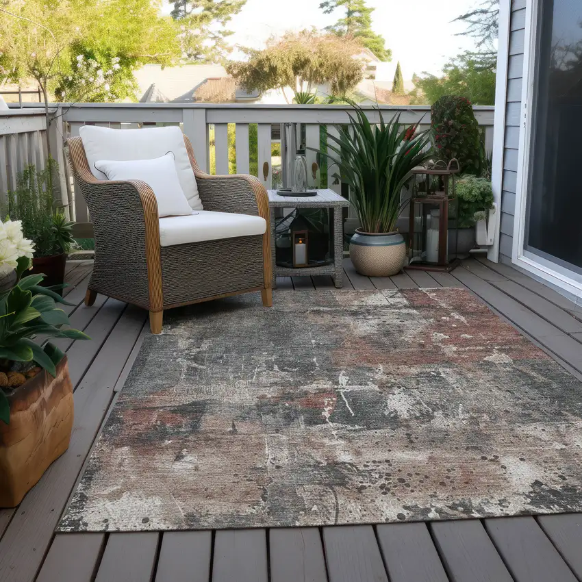 Rust And Gray Abstract Washable Indoor Outdoor Area Rug Photo 7
