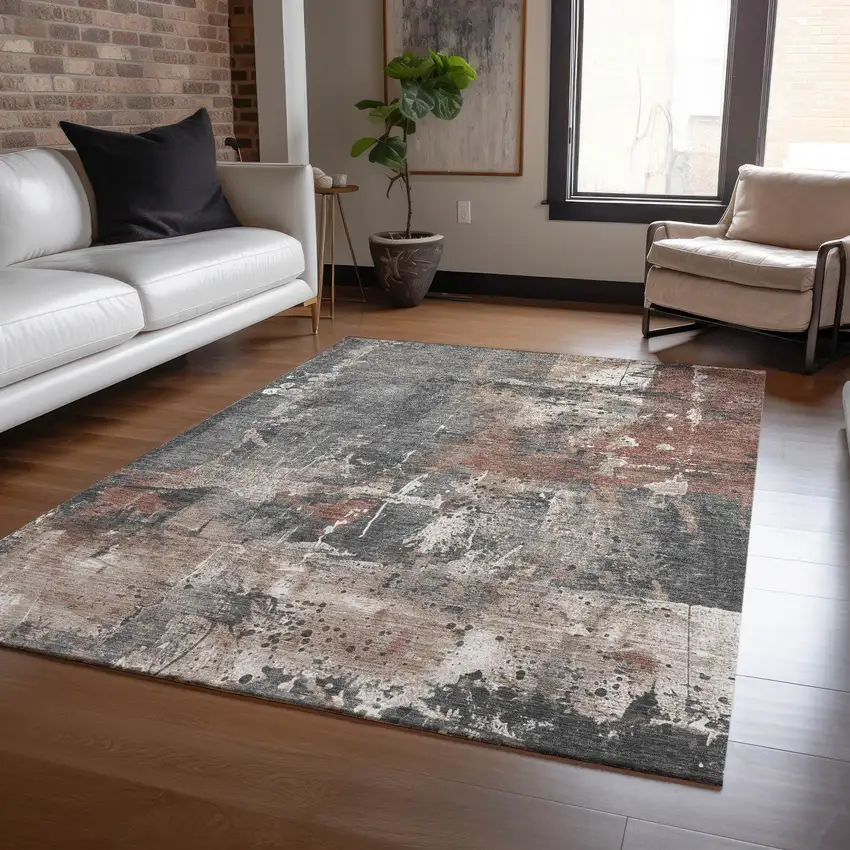 Rust And Gray Abstract Washable Indoor Outdoor Area Rug Photo 5
