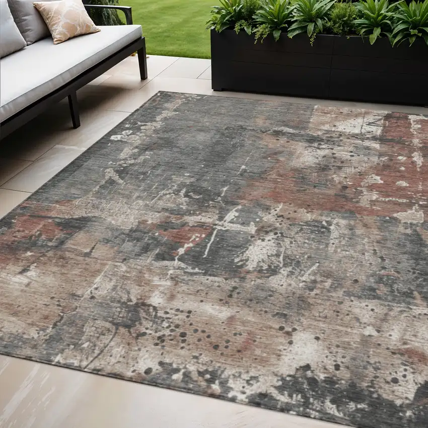 Rust And Gray Abstract Washable Indoor Outdoor Area Rug Photo 2