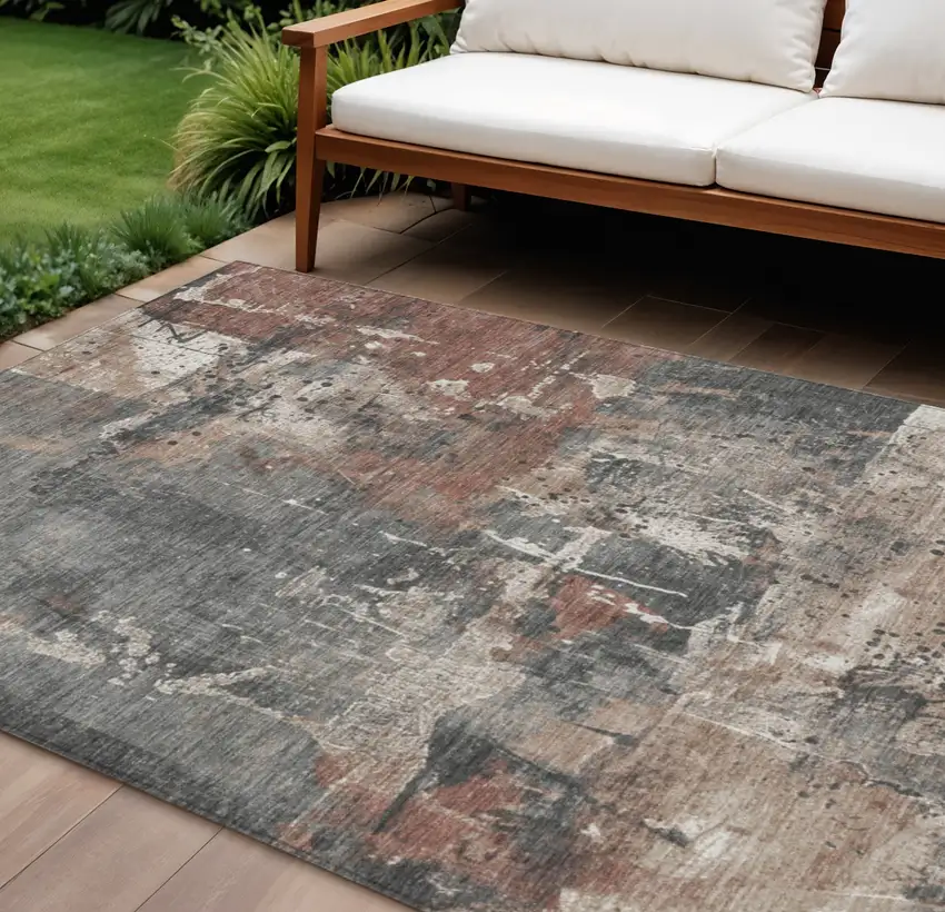 Rust And Gray Abstract Washable Indoor Outdoor Area Rug Photo 2