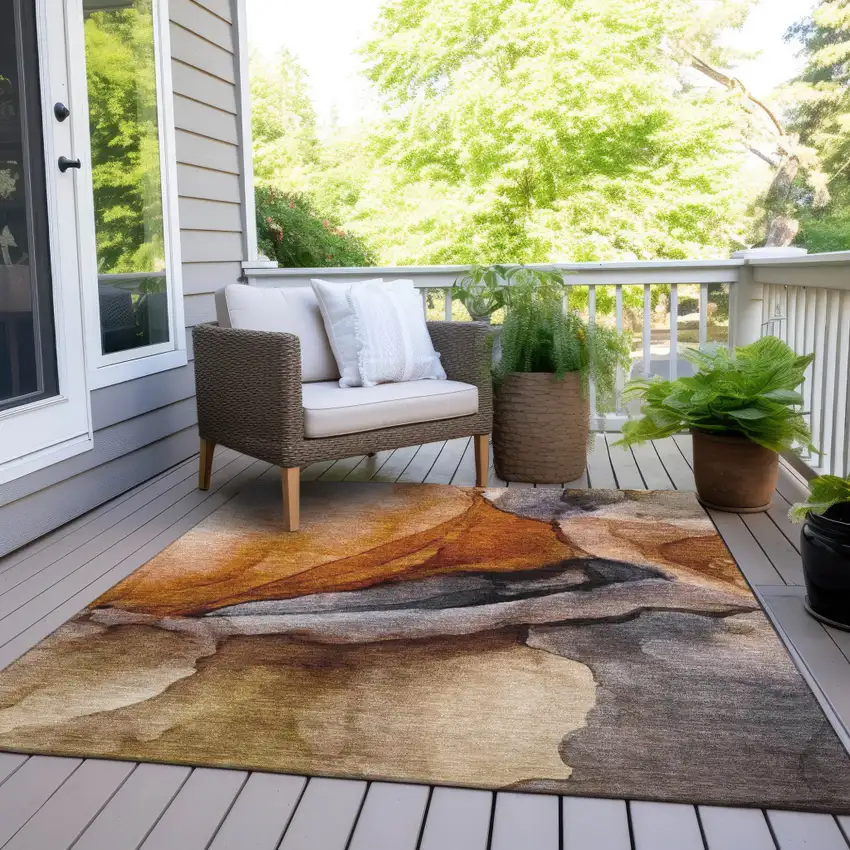 Rust And Gray Abstract Washable Indoor Outdoor Area Rug Photo 7