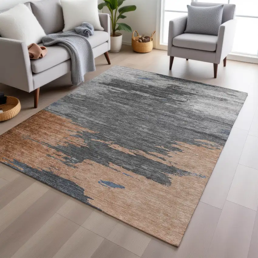 Rust And Gray Abstract Washable Indoor Outdoor Area Rug Photo 6