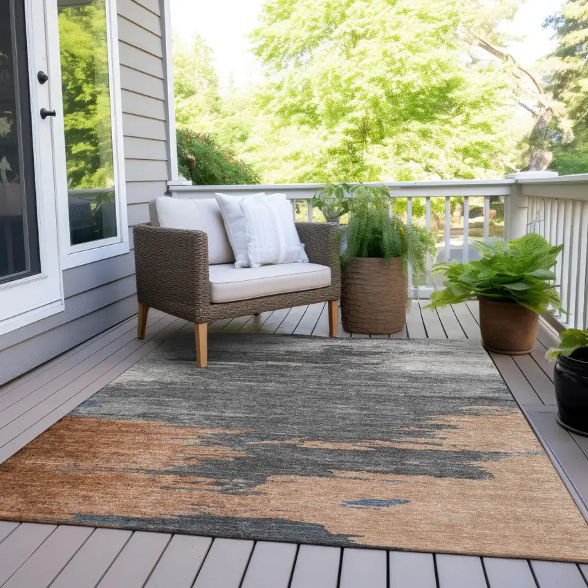 Rust And Gray Abstract Washable Indoor Outdoor Area Rug Photo 7