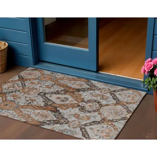 Rust And Gray Damask Washable Indoor Outdoor Area Rug Photo 2