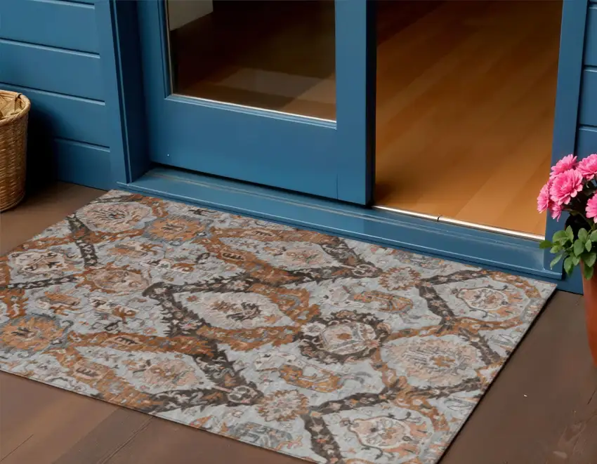 Rust And Gray Damask Washable Indoor Outdoor Area Rug Photo 2