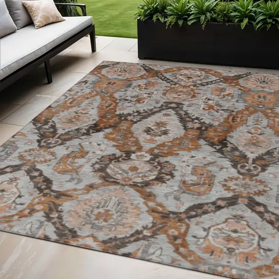 Rust And Gray Damask Washable Indoor Outdoor Area Rug Photo 2