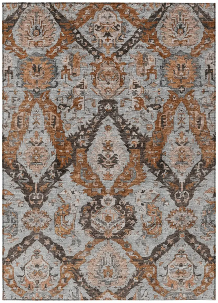 Rust And Gray Damask Washable Indoor Outdoor Area Rug Photo 1