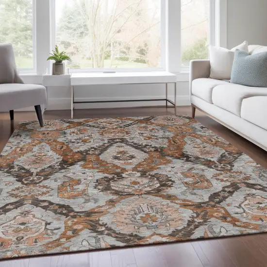 Rust And Gray Damask Washable Indoor Outdoor Area Rug Photo 7