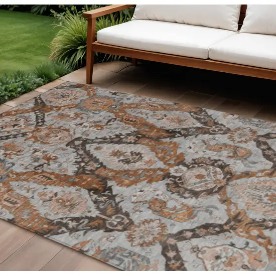 Rust And Gray Damask Washable Indoor Outdoor Area Rug Photo 2