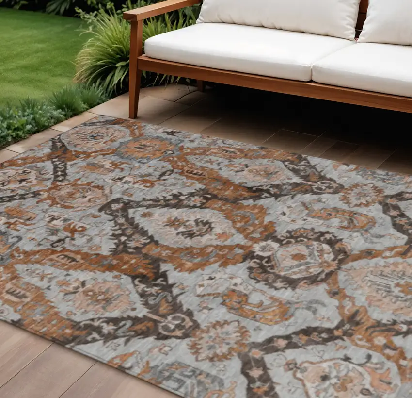 Rust And Gray Damask Washable Indoor Outdoor Area Rug Photo 2
