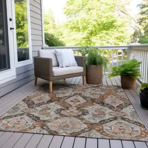 Photo of Rust And Gray Damask Washable Indoor Outdoor Area Rug