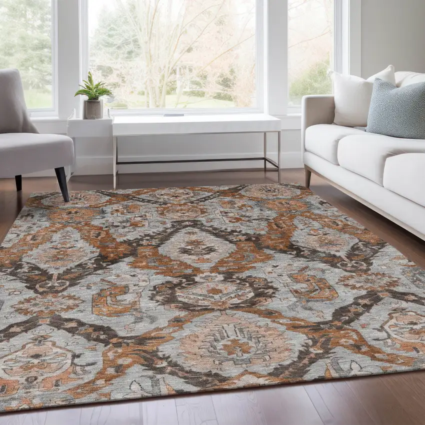 Rust And Gray Damask Washable Indoor Outdoor Area Rug Photo 7