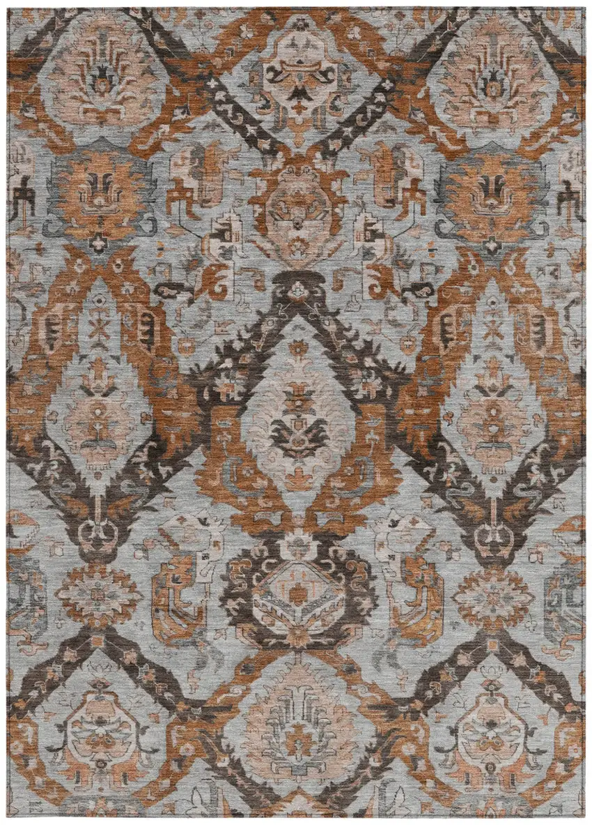 Rust And Gray Damask Washable Indoor Outdoor Area Rug Photo 3