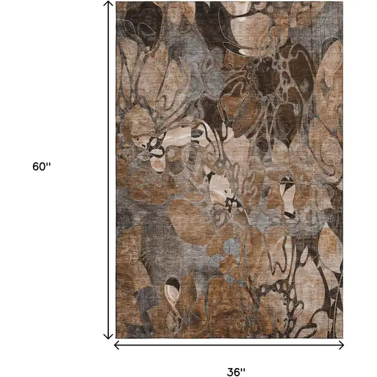 Rust And Gray Floral Washable Area Rug With UV Protection Photo 3