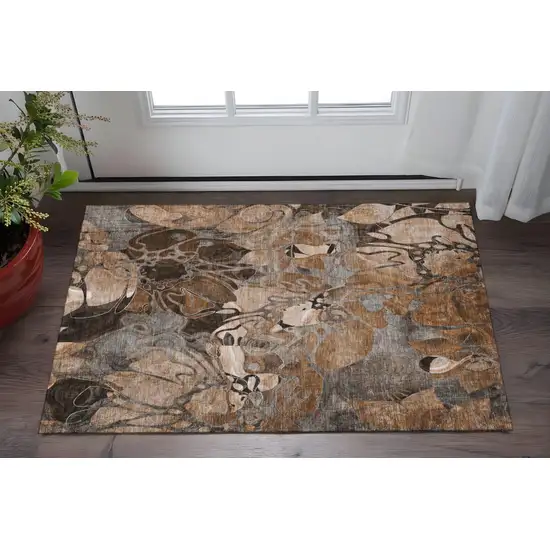 Rust And Gray Floral Washable Area Rug With UV Protection Photo 2