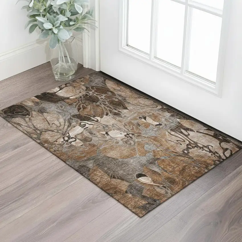 Rust And Gray Floral Washable Area Rug With UV Protection Photo 1