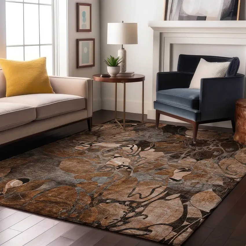 Rust And Gray Floral Washable Area Rug With UV Protection Photo 5