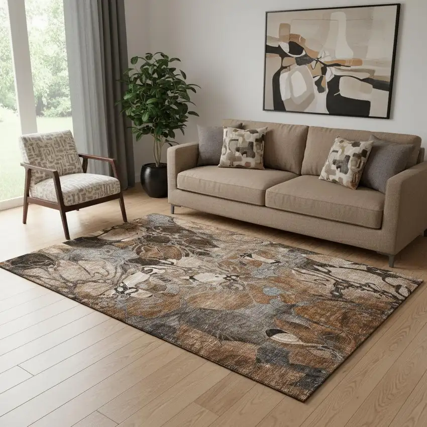 Rust And Gray Floral Washable Area Rug With UV Protection Photo 1