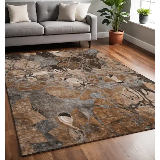 Rust And Gray Floral Washable Area Rug With UV Protection Photo 2
