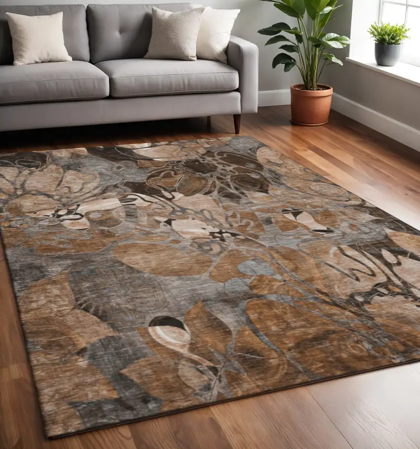 Rust And Gray Floral Washable Area Rug With UV Protection Photo 2