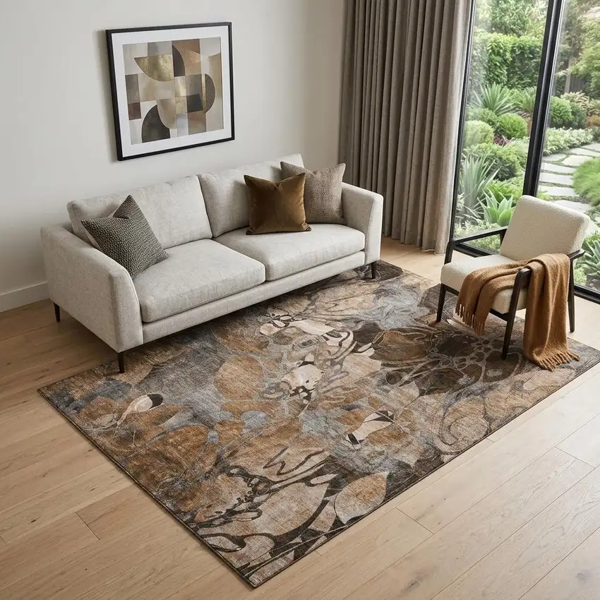 Rust And Gray Abstract Distressed Washable Area Rug With UV Protection Photo 1