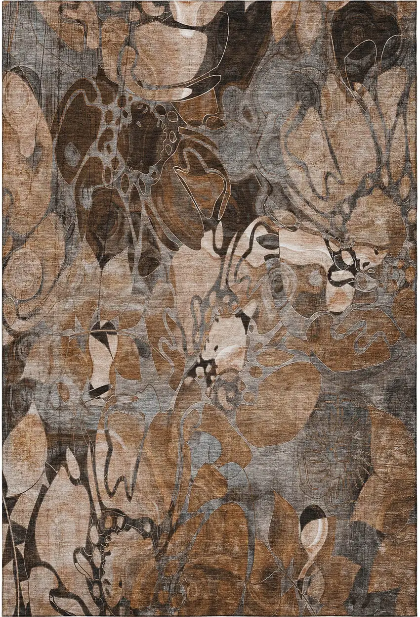 Rust And Gray Floral Washable Area Rug With UV Protection Photo 4