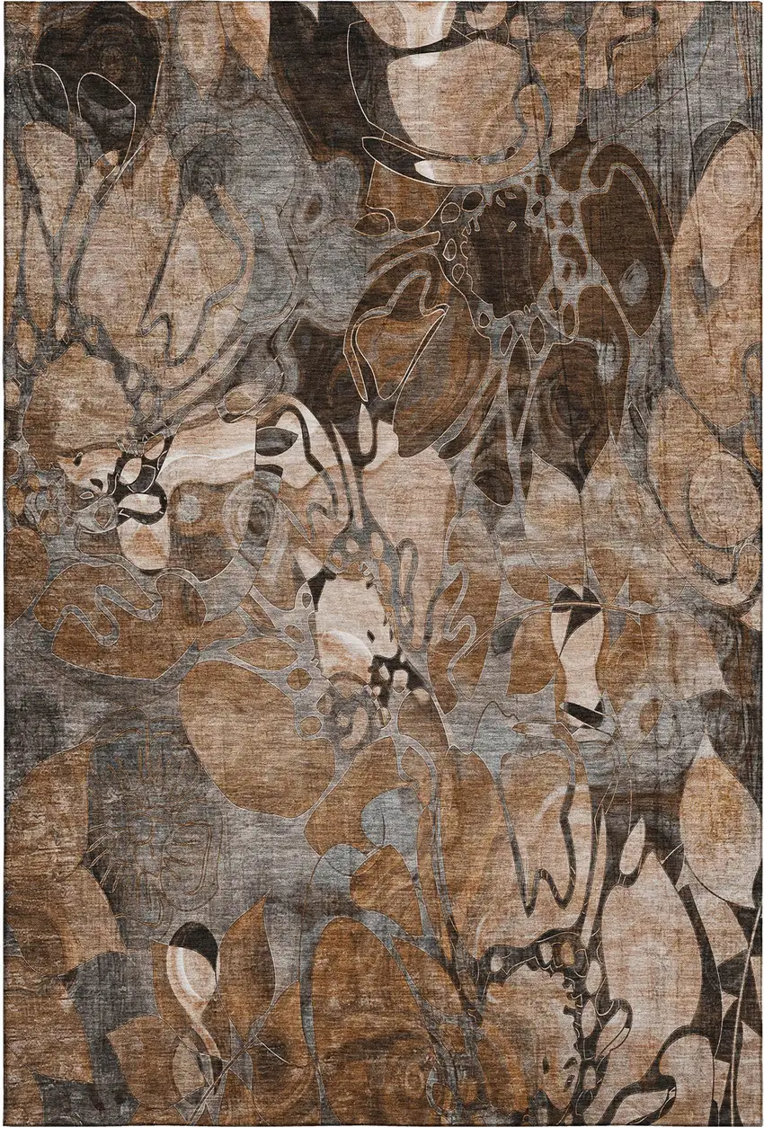 Rust And Gray Floral Washable Area Rug With UV Protection Photo 1