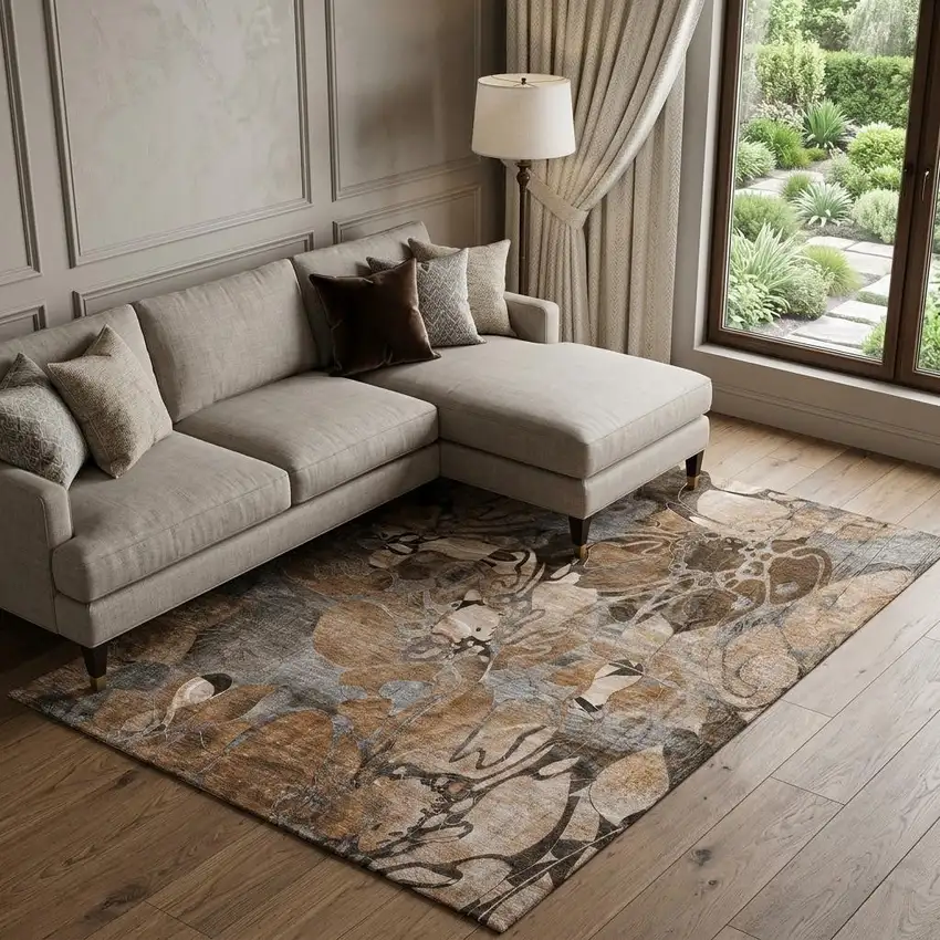 Rust And Gray Abstract Distressed Washable Area Rug With UV Protection Photo 1