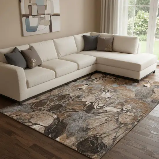 Rust And Gray Floral Washable Area Rug With UV Protection Photo 1