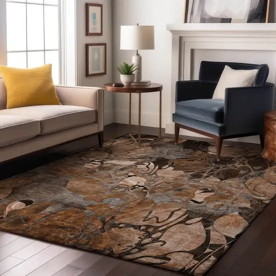 Rust And Gray Floral Washable Area Rug With UV Protection Photo 5