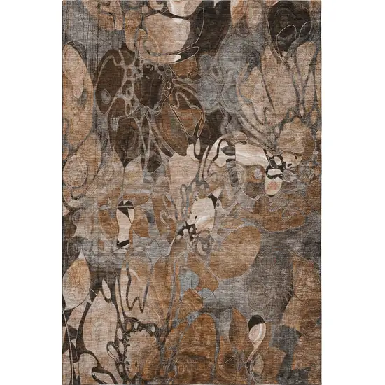 Rust And Gray Floral Washable Area Rug With UV Protection Photo 4