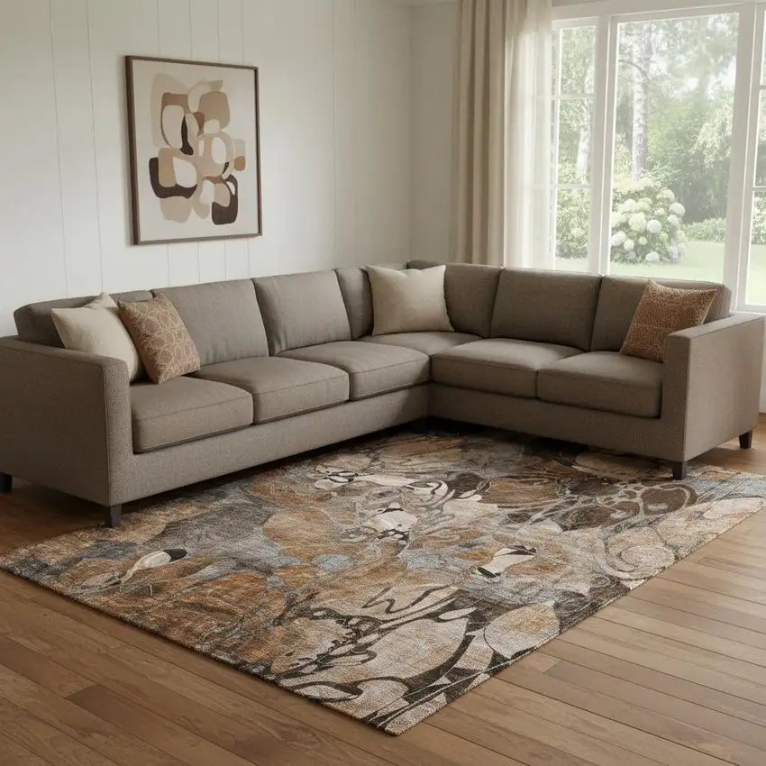 Rust And Gray Floral Washable Area Rug With UV Protection Photo 1