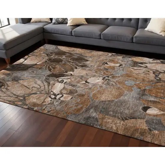 Rust And Gray Floral Washable Area Rug With UV Protection Photo 2