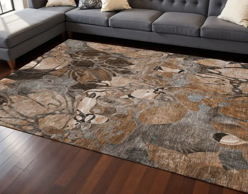 Rust And Gray Floral Washable Area Rug With UV Protection Photo 2