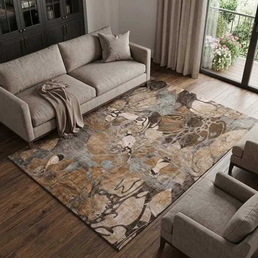 Rust And Gray Abstract Distressed Washable Area Rug With UV Protection Photo 1