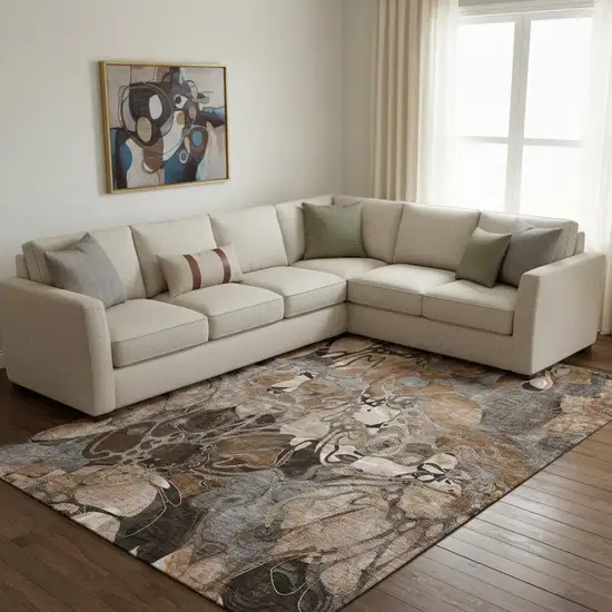Rust And Gray Floral Washable Area Rug With UV Protection Photo 1