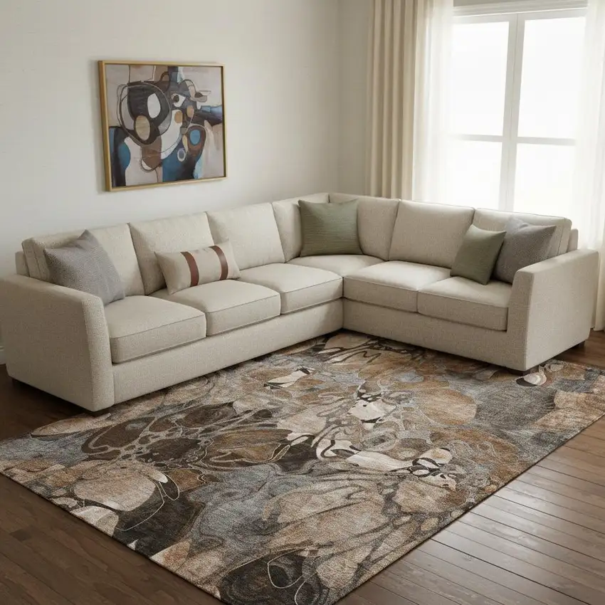 Rust And Gray Floral Washable Area Rug With UV Protection Photo 1