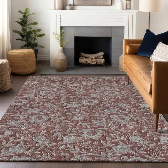 Rust And Gray Floral Washable Area Rug With UV Protection Photo 6