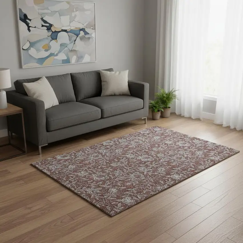Rust And Gray Floral Washable Area Rug With UV Protection Photo 2