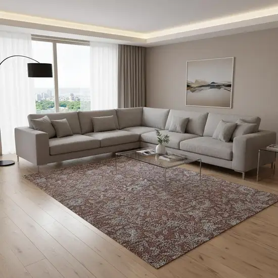 Rust And Gray Floral Washable Area Rug With UV Protection Photo 2